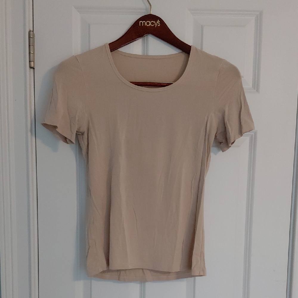 Bamboo Fiber Beige Short Sleeve Tee, Size S with Sweat Absorbing Pads